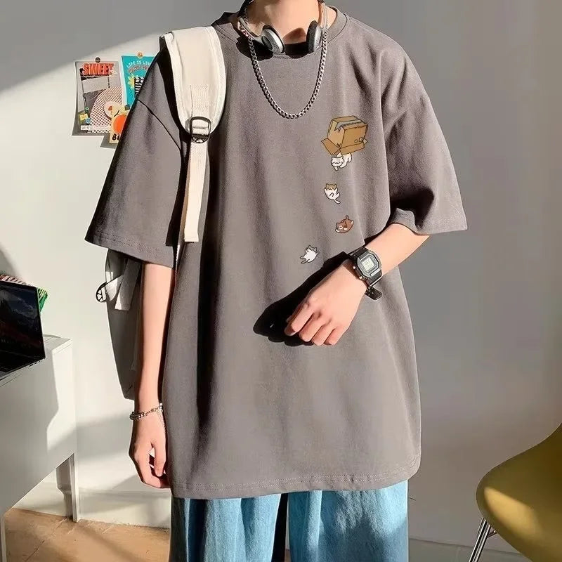 M-8XL Men Oversized Korean Fashion Loose American Vintage Carton Kitten Print Short Sleeve Versatile Trend Couple Outfit