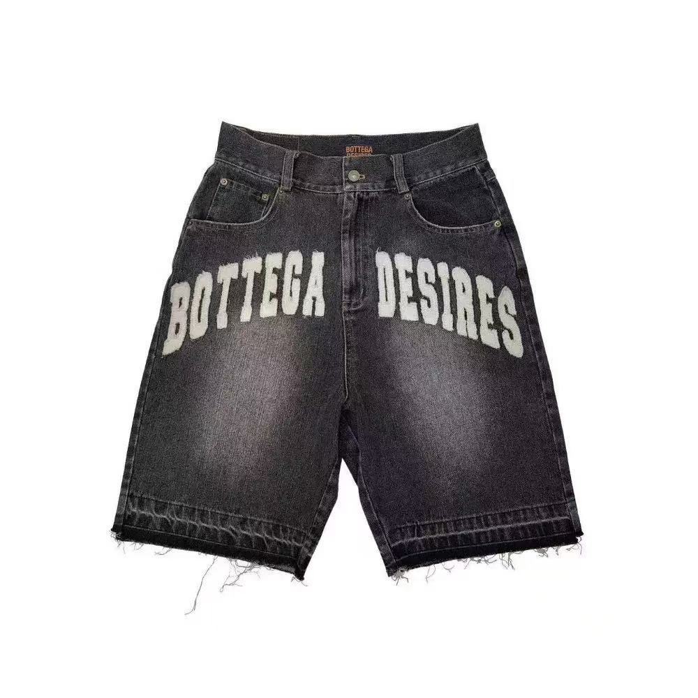 Retro Washed AK Letter Print Loose Denim Shorts