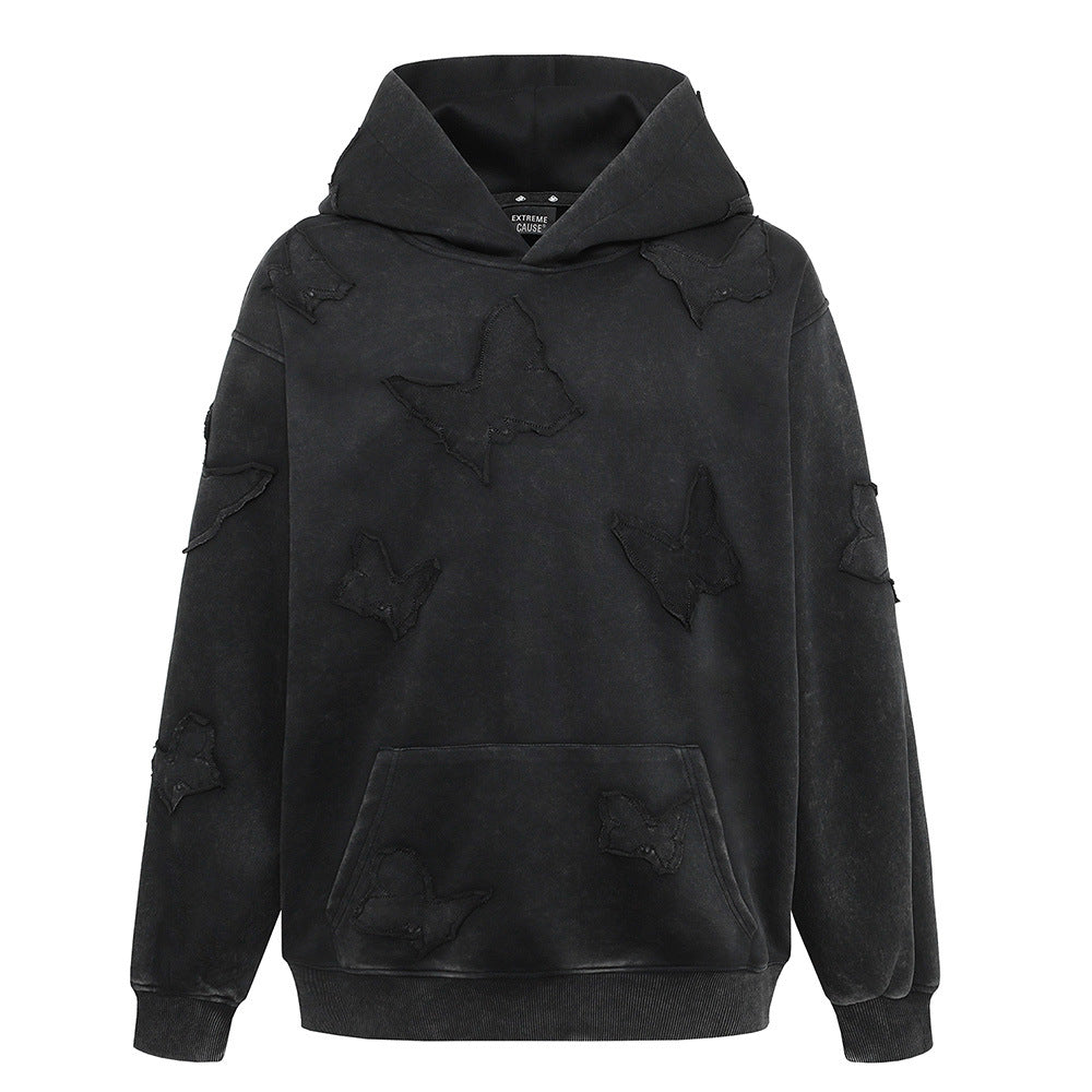 Butterfly Affixed Cloth Embroidered Hooded Sweater Men's Autumn