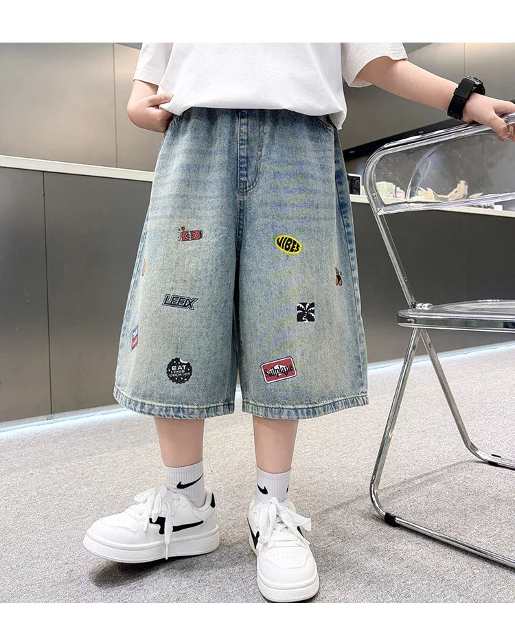 Children Summer Baggy Denim Shorts with Embroidery for Kids Casual Knee Length Shorts With Drawings Teen Boys Streetwear Bottoms