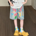 Big Kids Knee-Length Sunflowers printing Denim Shorts with Graffiti  for Teens Girl Fashion Jeans Shorts Summer Capris 5-14Years