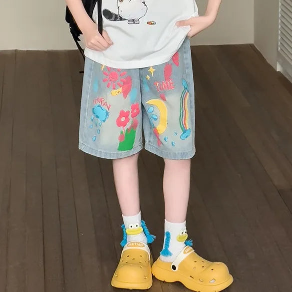 Big Kids Knee-Length Sunflowers printing Denim Shorts with Graffiti  for Teens Girl Fashion Jeans Shorts Summer Capris 5-14Years