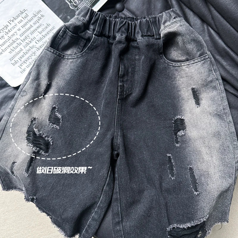 Fashion Design Tween Boy Ripped Denim Shorts with Hole For Teen Child Casual Knee-Length Black Jeans Kids Destroy Broken Shorts