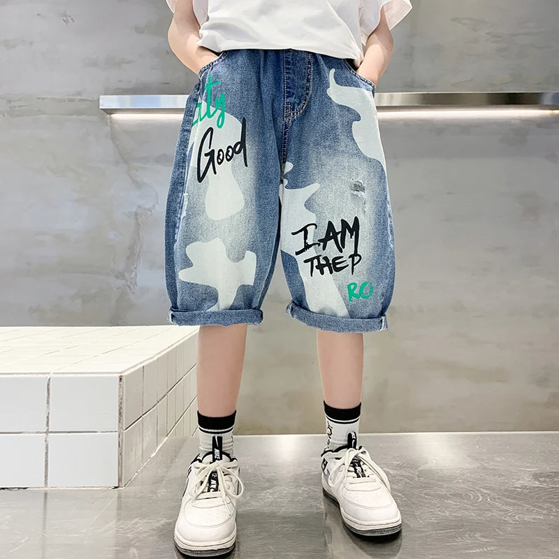 Kids Teenager Slim Denim Shorts For Boys Summer Capris Jeans Teens Children Casual Shorts Bottom Letter Print Mid-Calf Pants