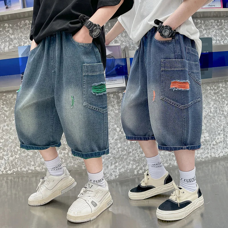 New Summer Teen Boys Shorts Jeans Fashion Ripped Hole Denim Short Pants For 5-14 Years Kids Children Trousers