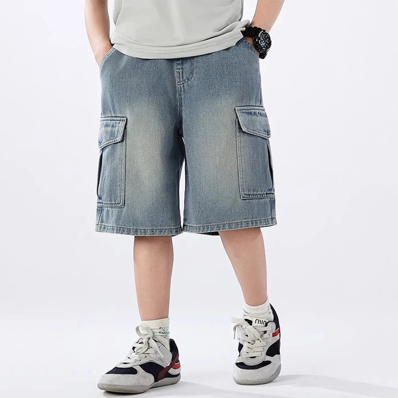 Summer Teen Boys Denim Shorts Fashion Solid Color Big Pocket Thin Jeans Pants For 4-14 Years Kids Children Casual Trousers
