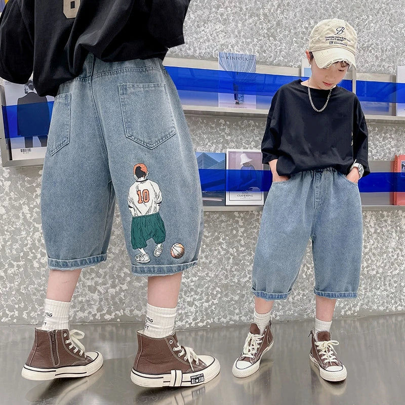 Boys Denim Shorts Summer Tween Children's Loose Teen Five-Quarter Pants High Quality Boys Clothes Short Jeans 5-14 Years