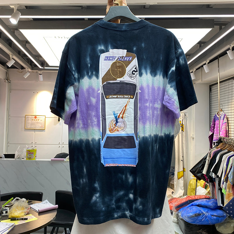 European And American Street Washing Retro Tie Dyeing Process Car Printing Loose Casual Cotton Short Sleeve T-shirt Half Sleeve For Lovers