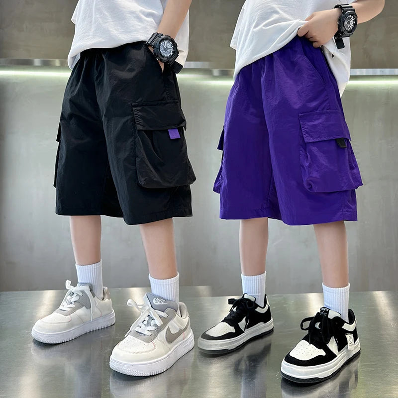 Elegant Kids Black Purple Color Cargo Short with Big Pocket for Teens Boy Casual Short Cargo Pants Tweens Child Summer Bottoms