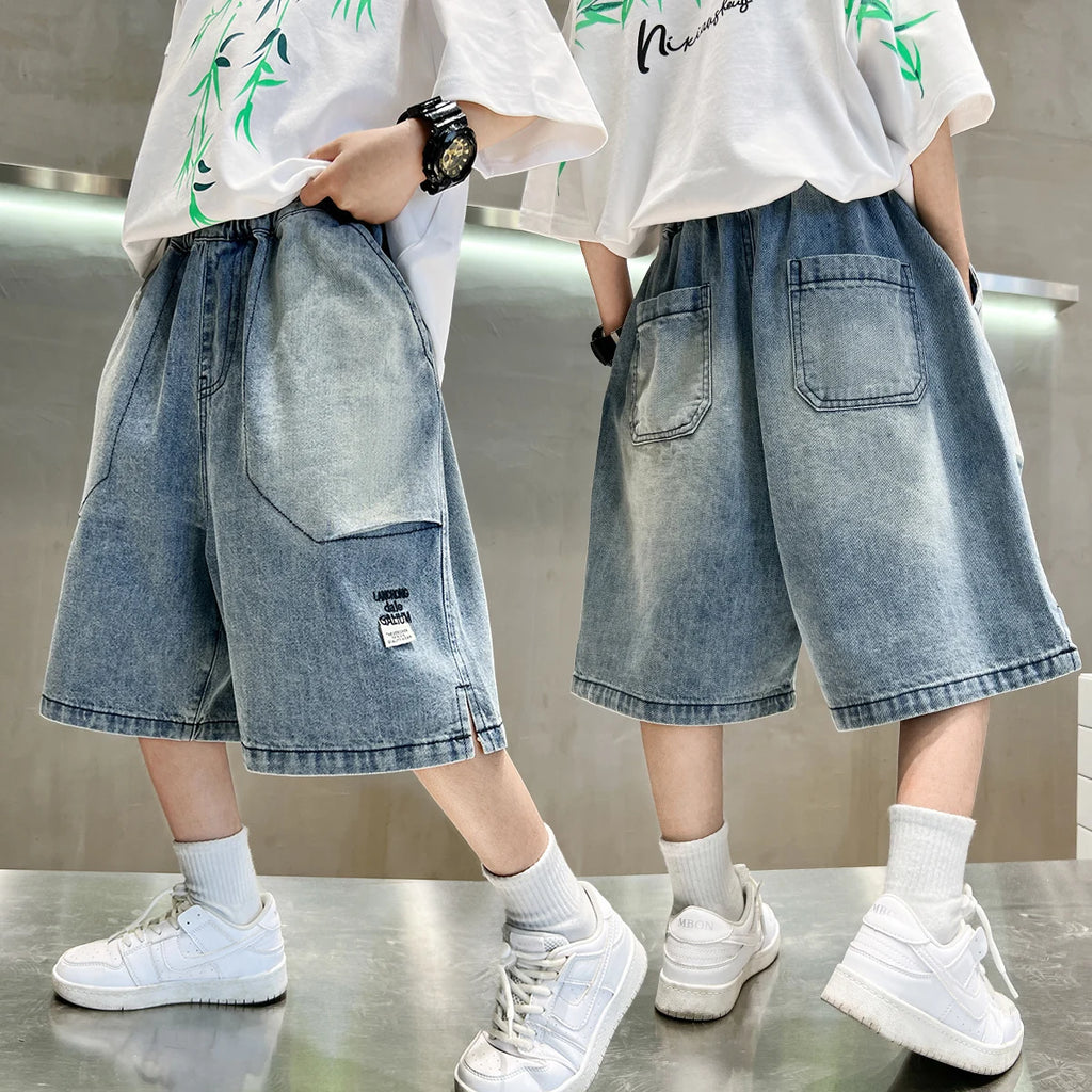 2025 Tween Boy Casual Denim Shorts for Summer Kids Vintage Capris Denim Pants Teens Child Loose Style Knee Length Jeans 5-14Y