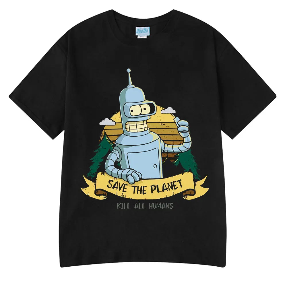 Funny Save The Planet Kill All Humans Robot Graphic Print T Shirt Men's Women Fashion Short Sleeve T-shirt Oversized Cotton Tees