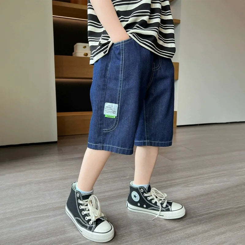 Kids Summer Denim Shorts for Boys 4-14 Years Thin Loose Sports Knee-Length Casual Sweatpants Teenagers Straight Middle Pants