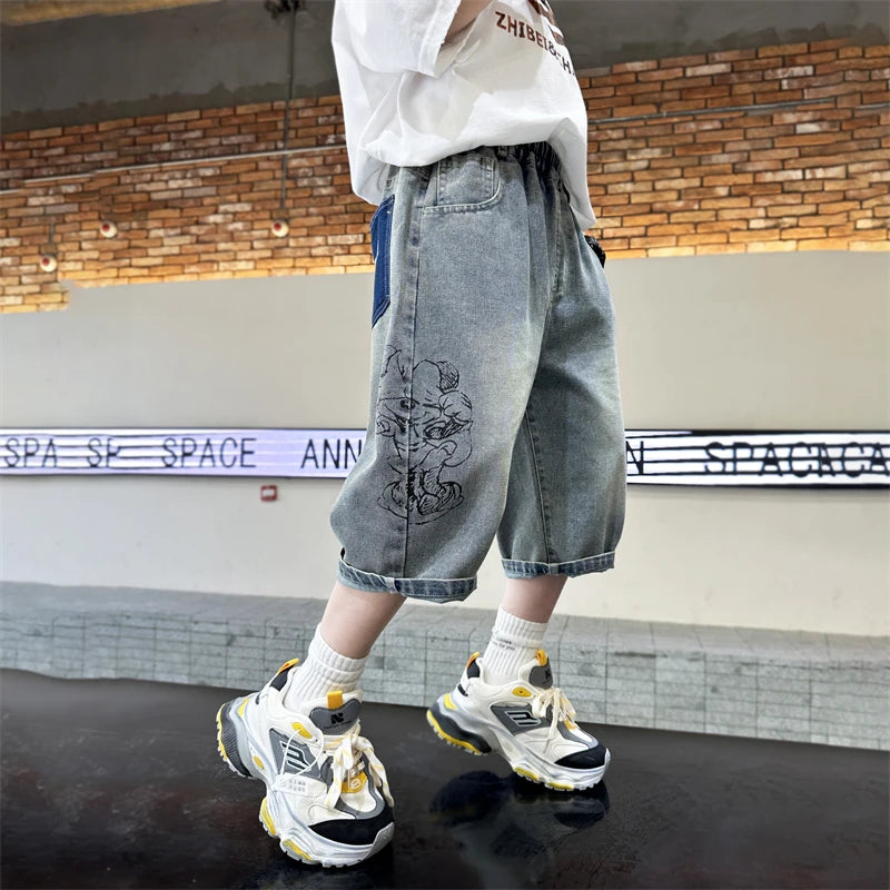 Teen Boys Shorts for Kids Summer 2025 Fashion Capri Trousers with Cartoon Print Korean Child Denim Shorts Jeans Age 5-14 Years