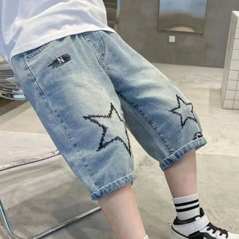 2026 New Boys' Denim Shorts Lightweight Summer Toddler To Teen Loose Fit Mid Length 7/8 Shorts Cotton Blend Hot Sale