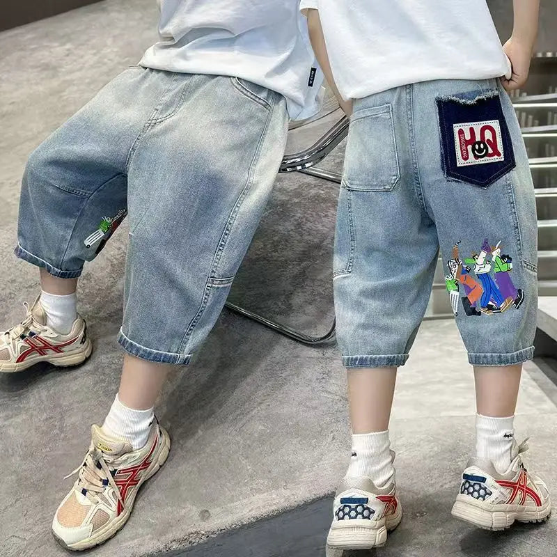 New Fashion Kids Denim Shorts For Boys Summer Hot Sale Cartoon Capris Jeans Teens Children Casual Shorts Bottom Mid-Calf Pants