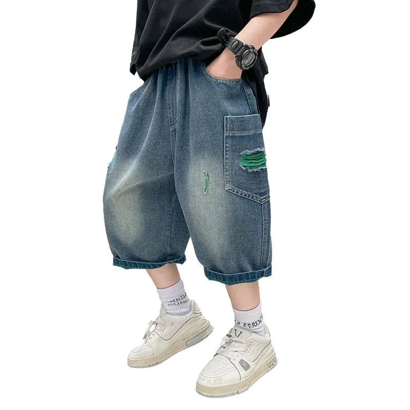 New Summer Teen Boys Shorts Jeans Fashion Ripped Hole Denim Short Pants For 5-14 Years Kids Children Trousers