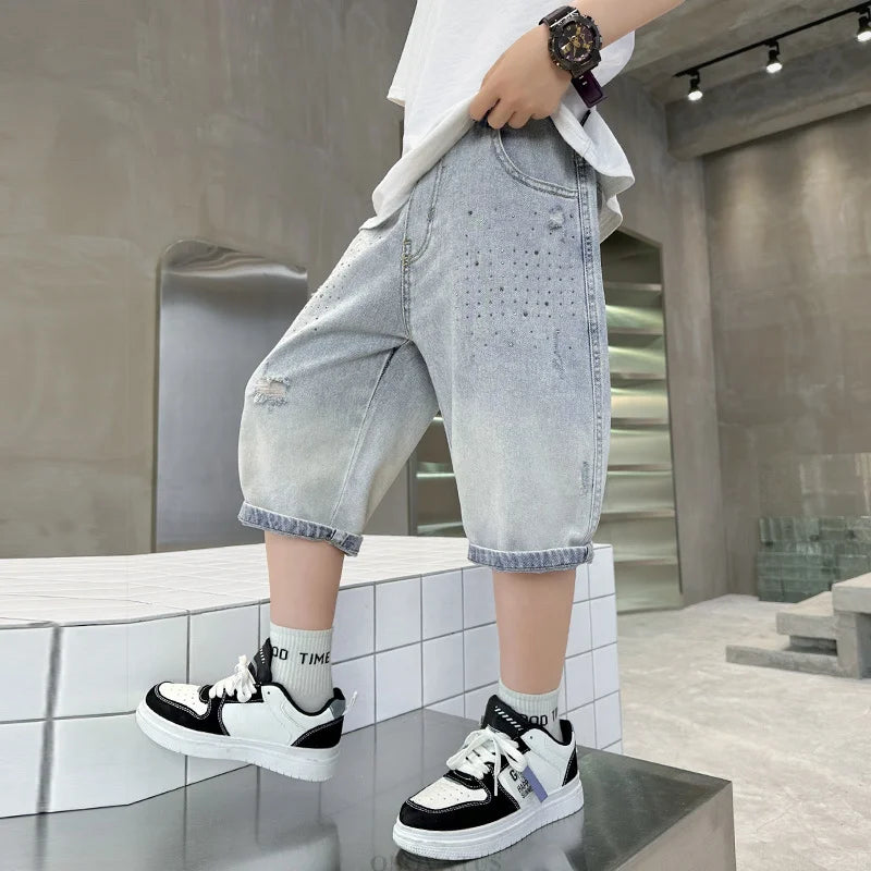 New Summer Kids Denim Shorts with Pockets For Teens Boy Slim Fit Mid-Calf Jeans Pants Teenage Child Causal Ripped Crystal Shorts
