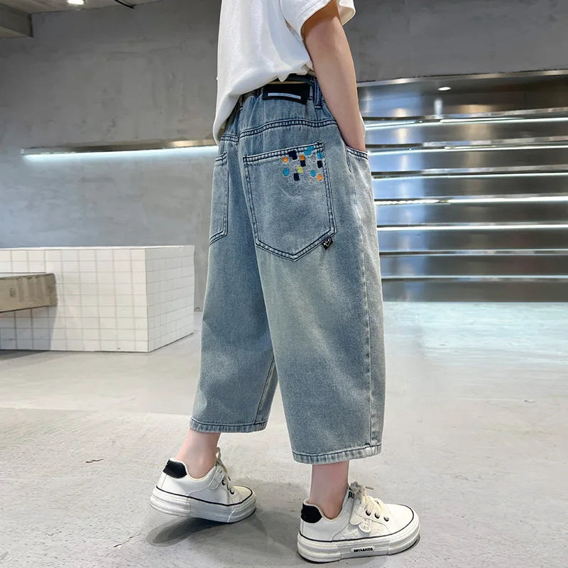 Korean Kids Casual Denim Shorts For Tween Boy Summer Clothes Costume Teens Child Print Baggy Capris Jeans Pants with Drawstring