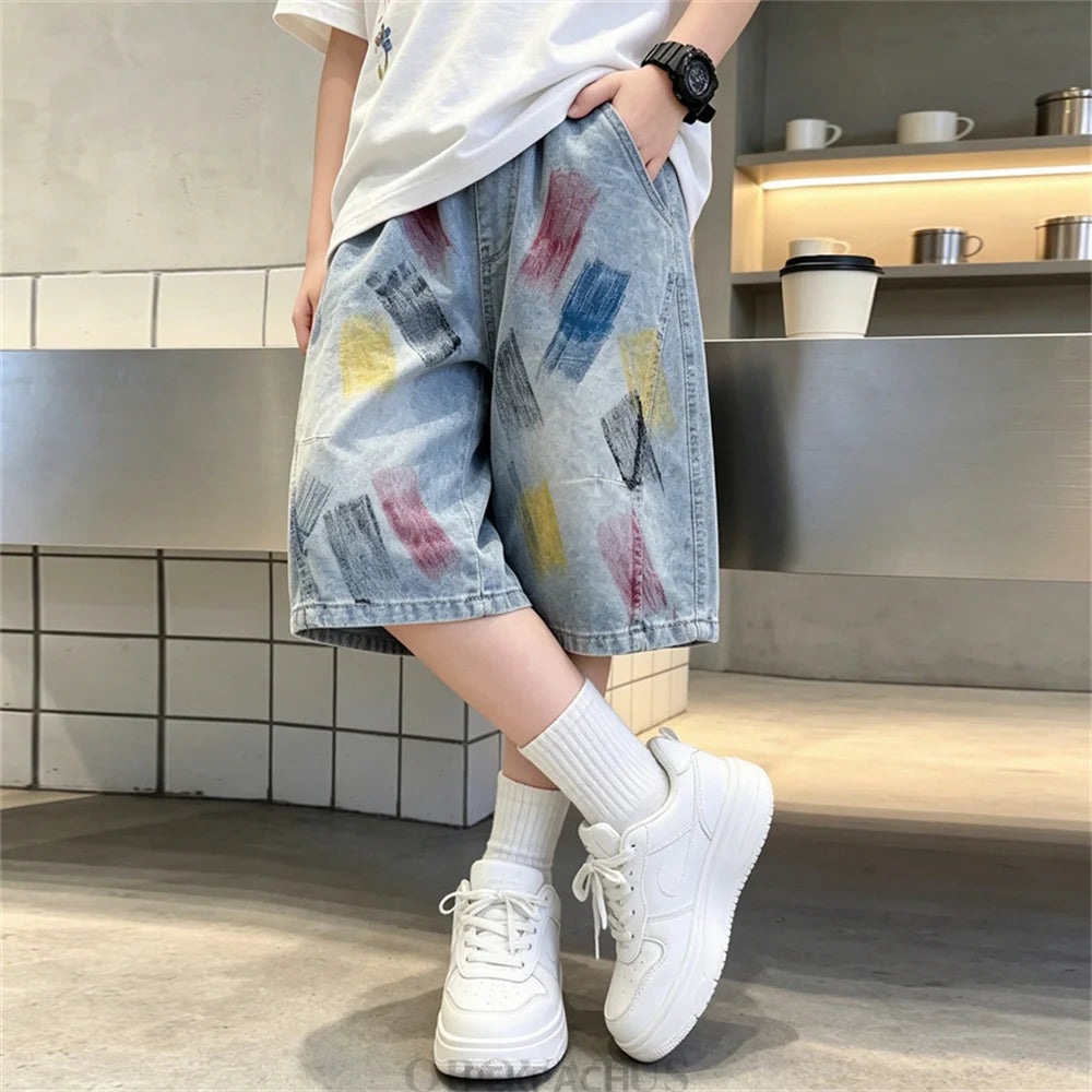 Summer Children Graffiti Print Baggy Denim Shorts for Teen Boys Streetwear Bottoms Kids Casual Knee Length Shorts With Drawings