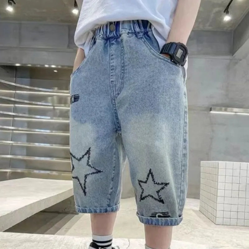 2026 New Boys' Denim Shorts Lightweight Summer Toddler To Teen Loose Fit Mid Length 7/8 Shorts Cotton Blend Hot Sale