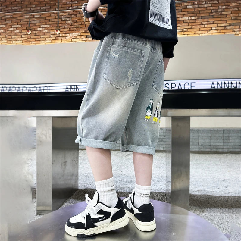 New Summer Kids Child Ripped Denim Shorts With Cartoon Print For Teens Boys Fashion Casual Broken Jeans Capris Pants with Holes