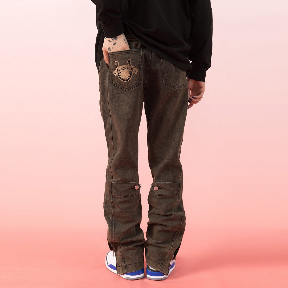 Men's Vintage Washed Distressed Embroidered Jeans