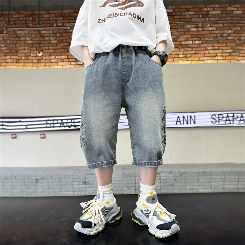 Teen Boys Shorts for Kids Summer 2025 Fashion Capri Trousers with Cartoon Print Korean Child Denim Shorts Jeans Age 5-14 Years