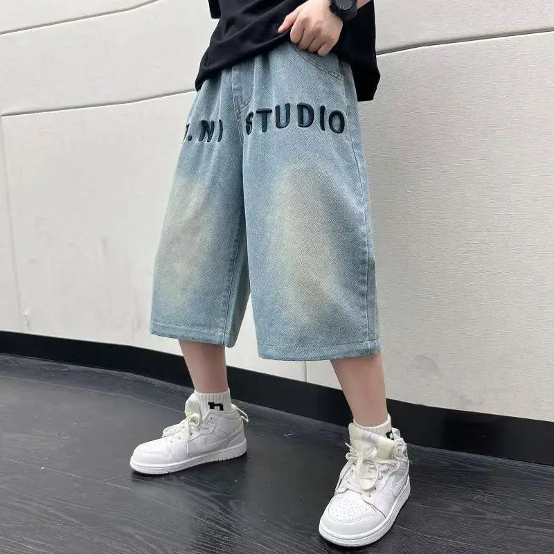 Teens Boys Letter Embroidered Mid- Denim Shorts 2025 New Child Summer Three-dimensional Cut Loose Fifth Pants Kids Casual Shorts