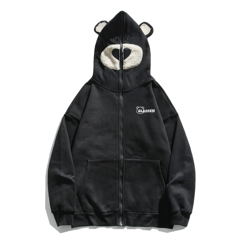 Bear embroidered couple zipper cardigan jacket