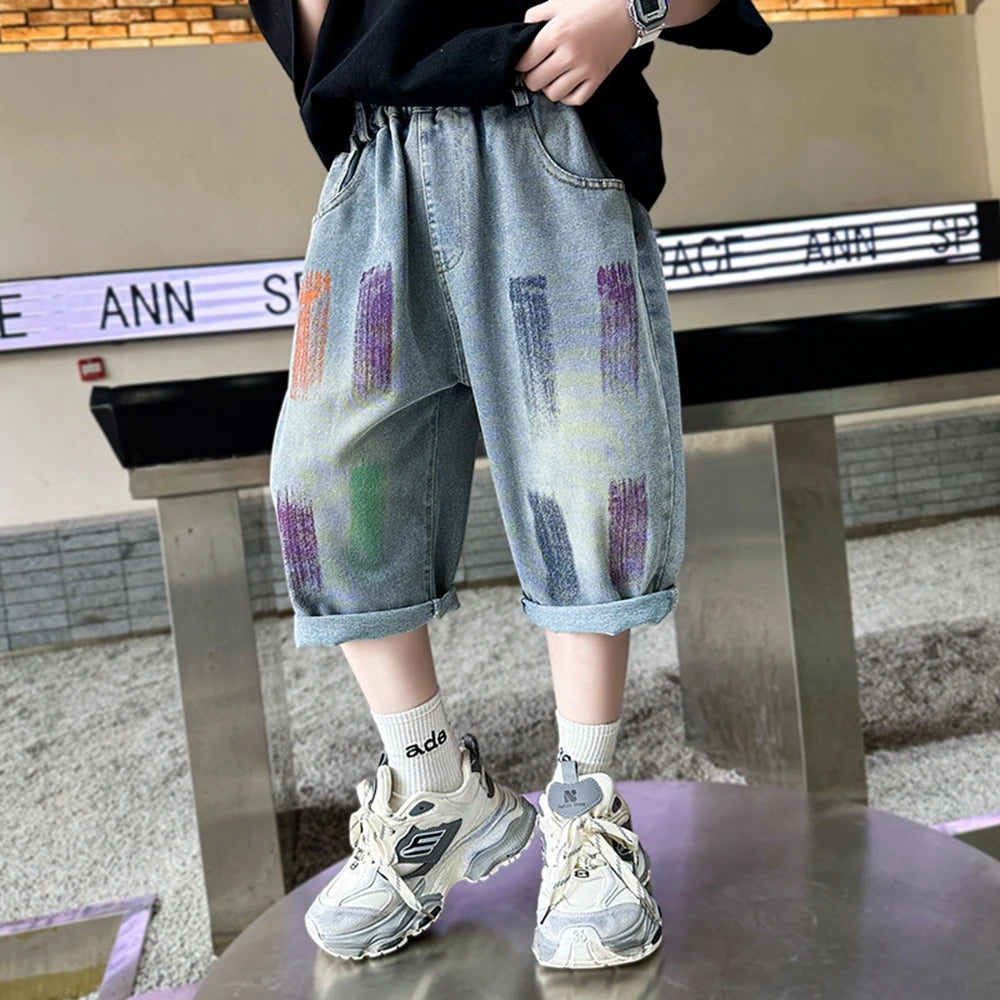 Teen Children's Shorts 2025 Summer New Kids Denim pants thin pants large children loose Boys with five Quarter pants 4-15Years