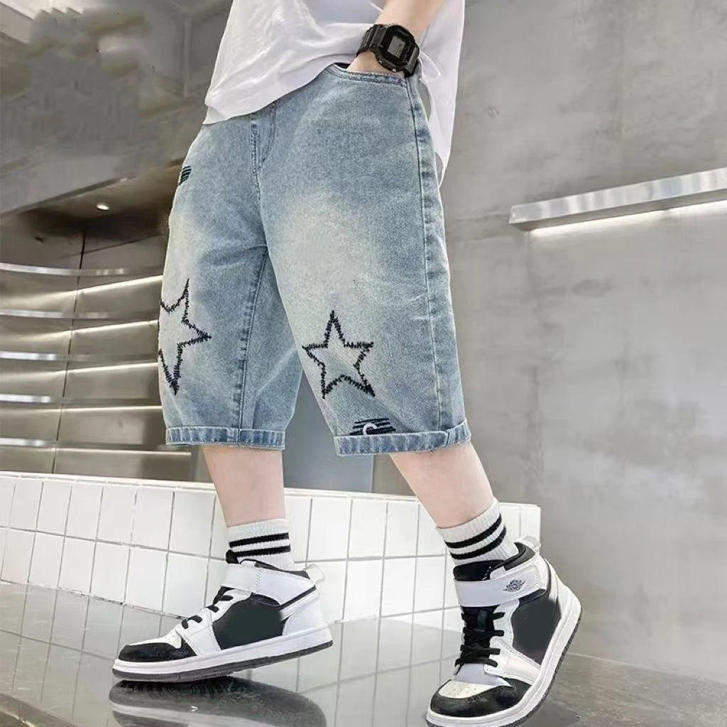 Summer Boys Jeans Shorts Five-pointed Star Print High Waist Ripped Denim Shorts For 5-12 Years Teen Kids Casual Knee Length Pant