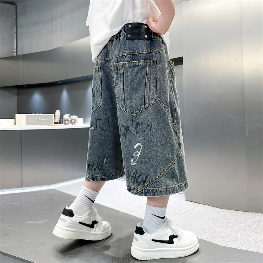 New Summer Kids Children Gray Blue Color Denim Shorts with Drawstrings for Teenage Boys Knee Length Baggy Jeans Capris Pants