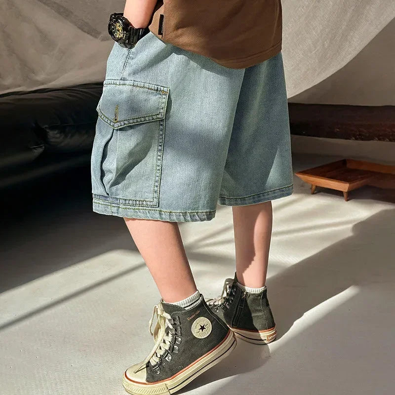 New 2025 Summer Fashion Boys Denim Five-point Pants Kids Casual Solid Thin Denim Shorts Trousers Teen Jeans Children's Clothing