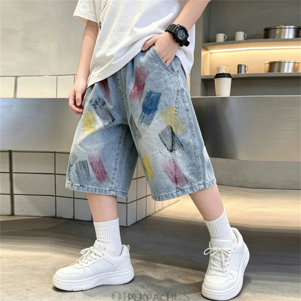 Summer Children Graffiti Print Baggy Denim Shorts for Teen Boys Streetwear Bottoms Kids Casual Knee Length Shorts With Drawings