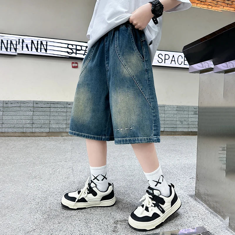 Teenage Child Blue Denim With Y2K Fashion Style Trousers Toddler Ages 4-14Y Boys Denim Shorts Teen Boys Casual Knee-Length Jeans