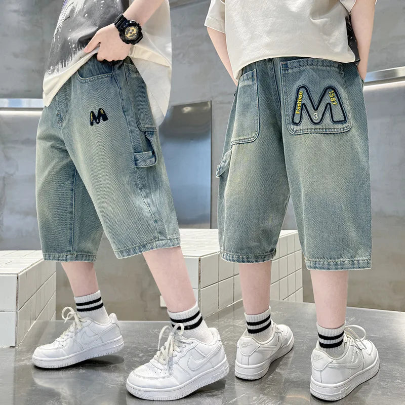 Kids Denim Shorts Teen Boys Casual Knee-Length Jeans Teenage Child Blue Denim With Cartoon Printed Trousers Toddler Ages 4-14Y