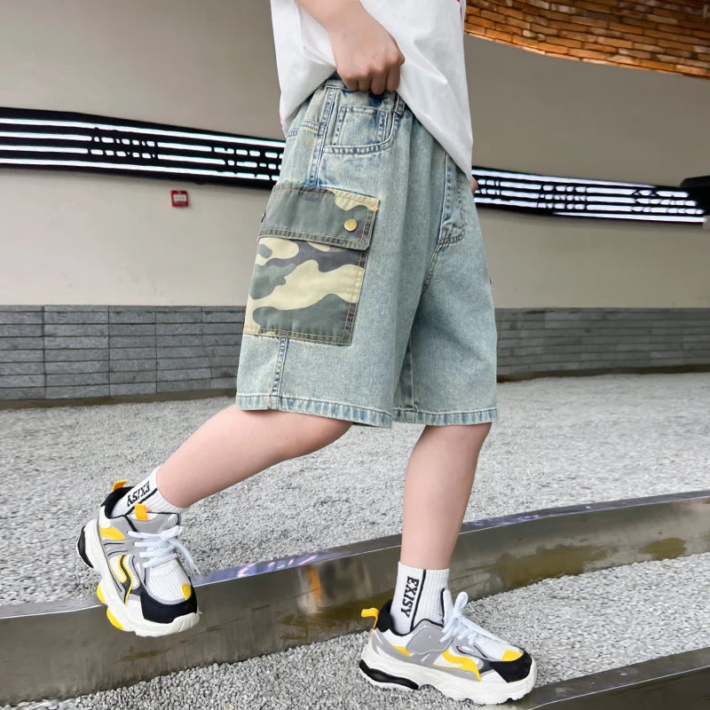 2025 New Summer Kids Child Fashion Jeans Shorts with Camouflage Pocket for Teens Boy Casual Straight Fit Denim Camo Shorts