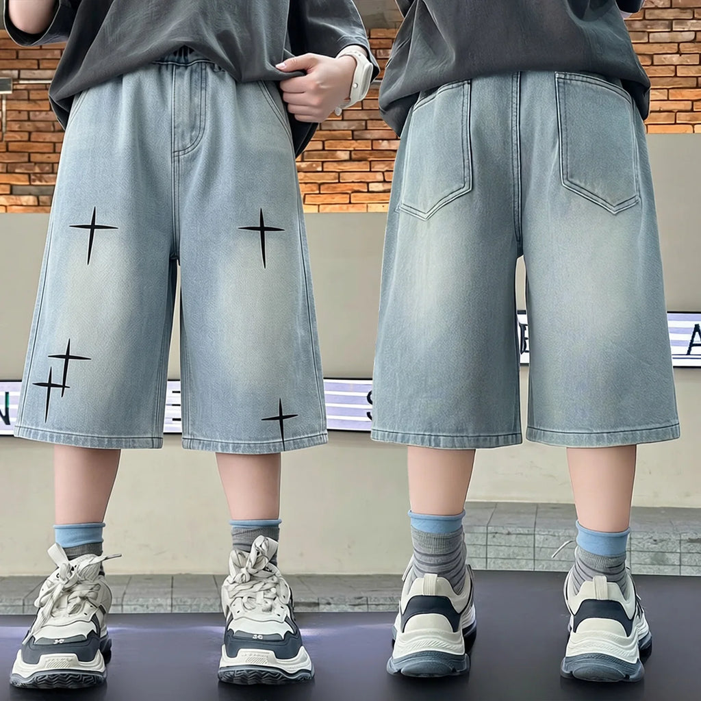 New Summer Teen Boys Shorts Jeans Fashion Letter Print Short Denim Pants For 5-14 Years Kids Children Trousers