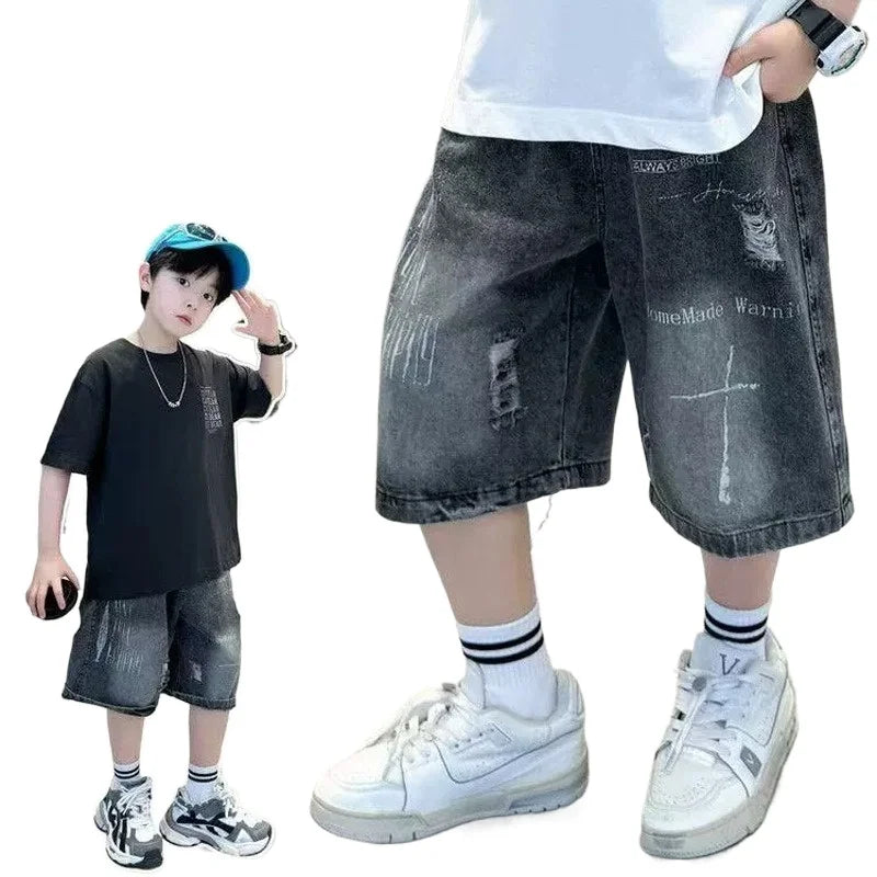 New Summer Style Boys' Gradient Denim Shorts Teen Childen Letter Printed Short Pants Trendy Kids Casual Knee-Length Jeans