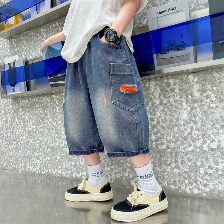 Teen Children's Shorts 2025 Summer New Kids Denim pants thin pants large children loose Boys with five Quarter pants 4-15Years