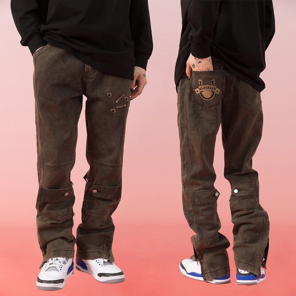 Men's Vintage Washed Distressed Embroidered Jeans