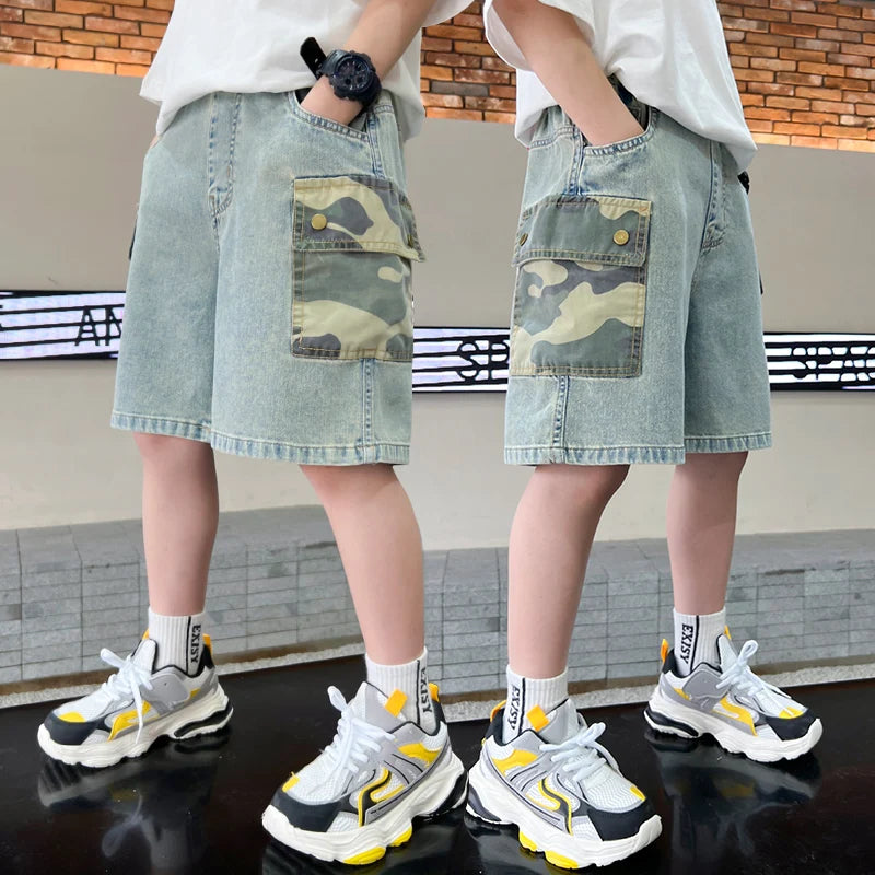2025 New Summer Kids Child Fashion Jeans Shorts with Camouflage Pocket for Teens Boy Casual Straight Fit Denim Camo Shorts