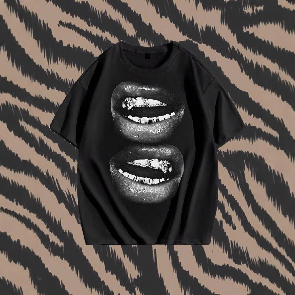 Tooth Drill Mouth Trendy Brand Short-Sleeve Streetwear Casual Couple T-Shirts