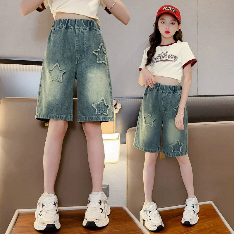 Girls Denim Shorts Summer Casual Loose Jeans Children Wide Leg Short Pants Teen High Waist Straight Trousers 5-14 Years