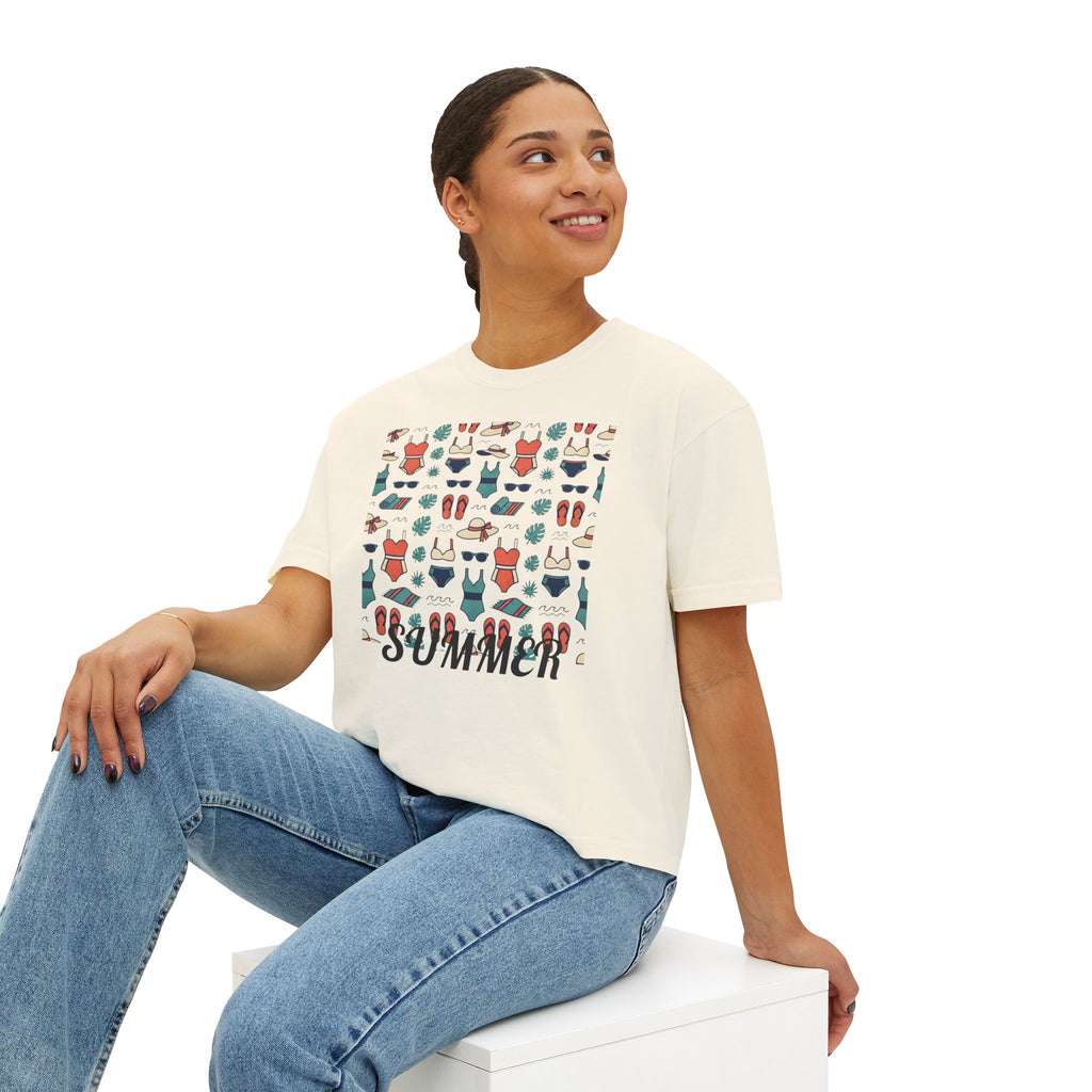 Summer Swimwear Pattern Boxy Tee — "Summer" Graphic Women's Shirt