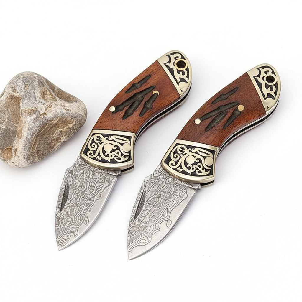 Damascus Steel Folding Knife – Brown Bone & Brass Handle Pocket Knife for Men | EDC Gift Knife