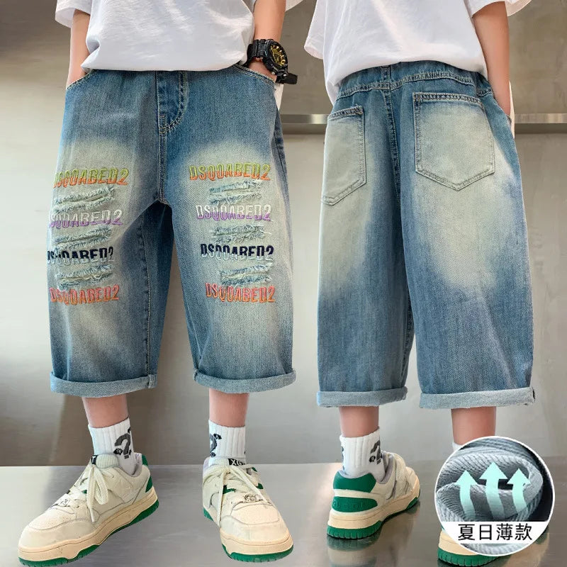 Kids Denim Shorts Teen Boys Casual Knee-Length Jeans Teenage Child Blue Denim With Letter Embroidery Trousers Toddler Ages 4-14Y