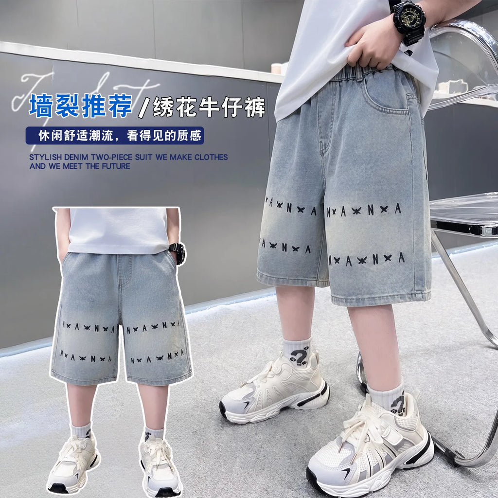 Boys letter Denim Shorts Teen Boys Casual Knee-Length Jeans Teenage Child Blue Denim With Y2K Fashion Style Trousers Ages 5-14Y