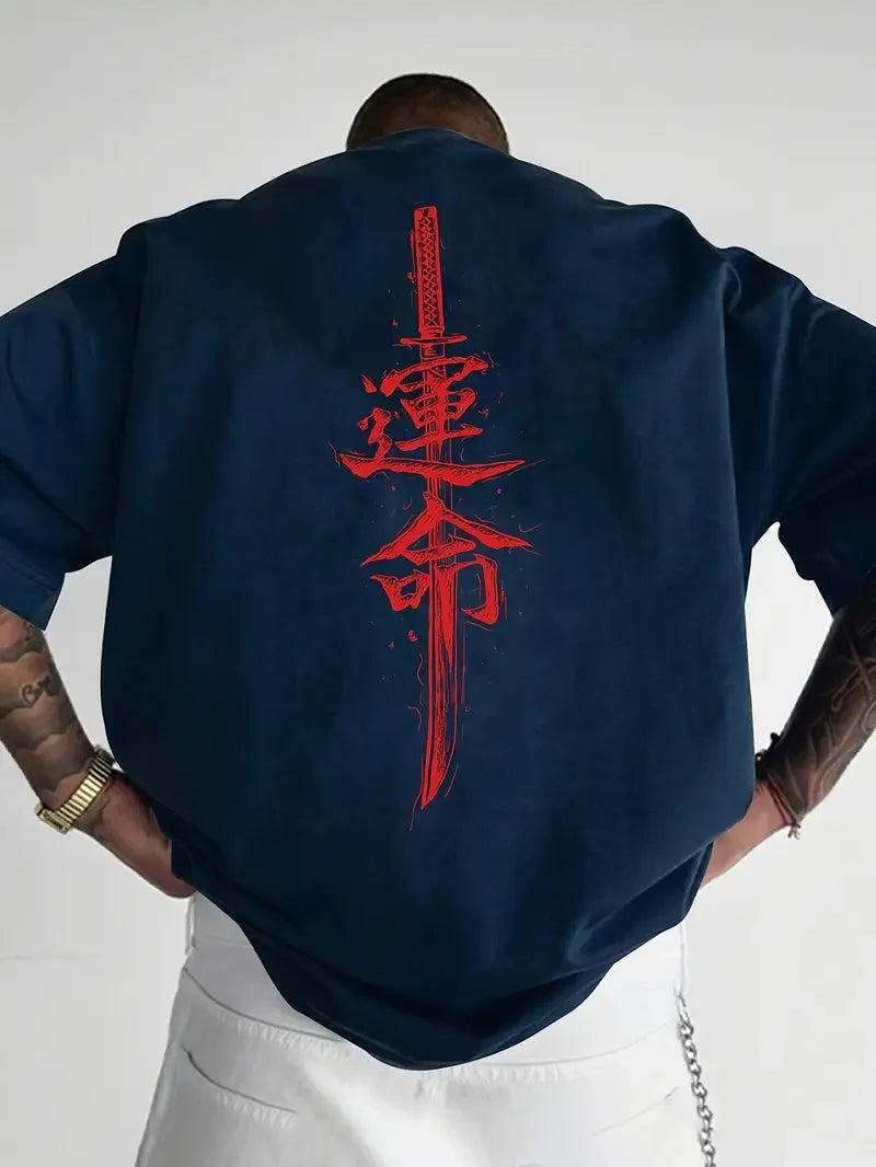 Men's Word Graphic Cotton Short Sleeve T-Shirt Custom Loose Fit Japanese Samurai Sword Design Tee Comfortable Casual Streetwear