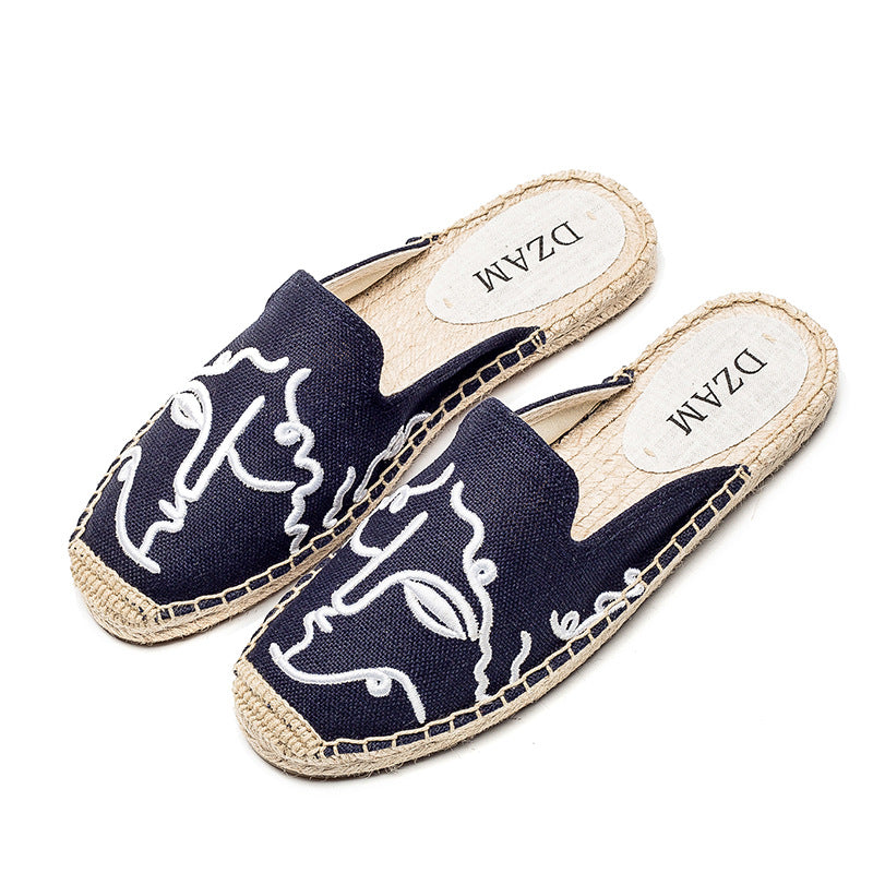 Straw flat embroidered sandals and slippers